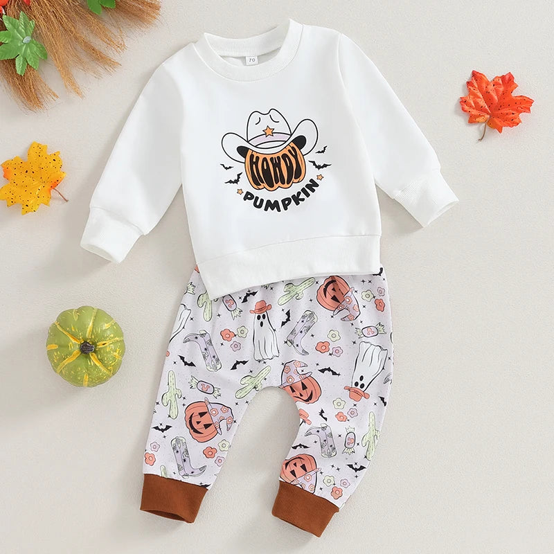 2Pcs Baby Boys Clothes Halloween Set Long Sleeve Crew Neck Letters Print Sweatshirt with Pumpkin Ghost Sweatpants Fall Clothes