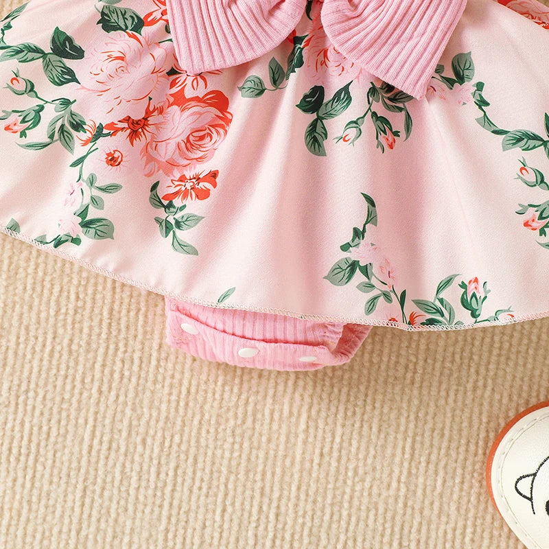 Girls Romper Dress Flower Print Lace Long Bowknot Jumpsuit