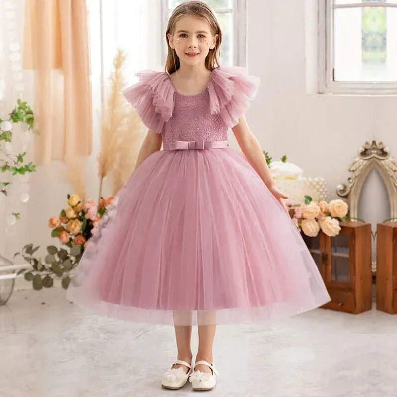 Ruffles Elegant Wedding Party Dress for Kids Girl Lace Flower Princess Dress for Girls Birthday Party Gown Holiday Kid's Dress