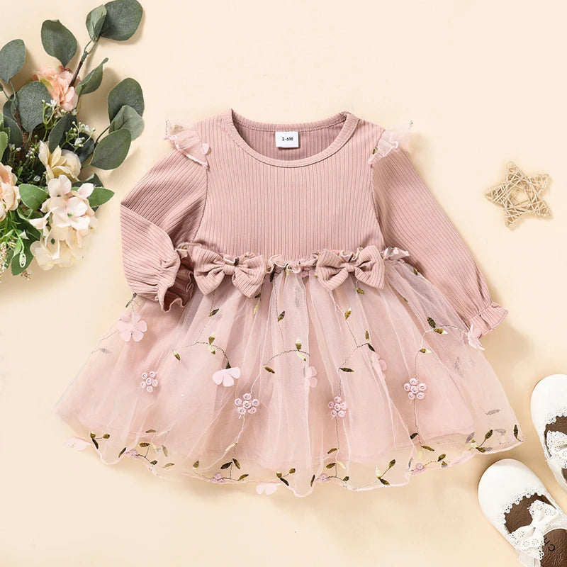 Toddler Baby Girl Autumn Sweet Dress, Long Sleeve Round Neck Flower Embroidered Tulle Patchwork A-Line Dress with Bow 3M-3T