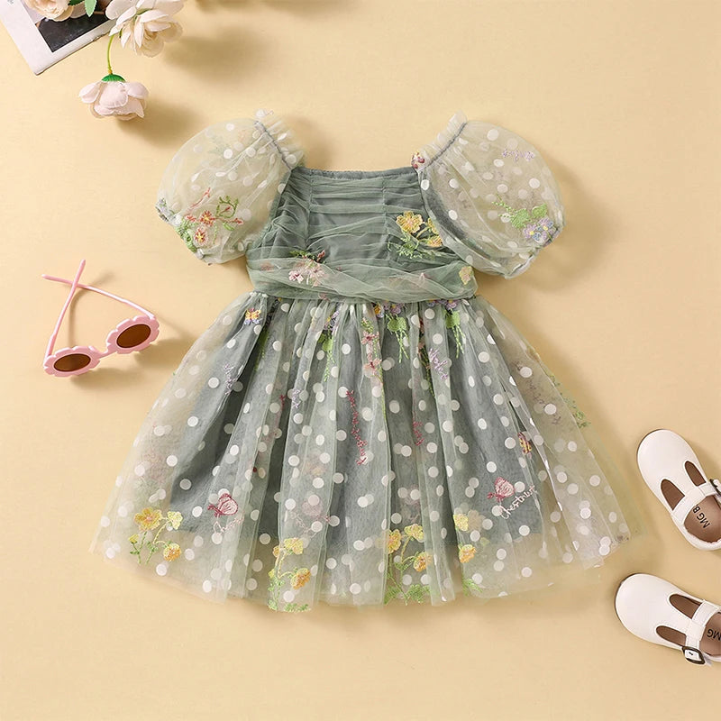 FOCUSNORM 0-4Y Toddler Kids Girls Princess Dress Mesh Short Puff Sleeve Flower Embroidered Ruched Tulle Belt Tutu Dress