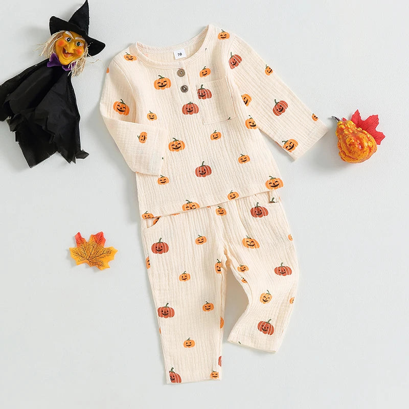 2PCS Toddler Girls Boys Halloween Clothes Cotton Linen Long Sleeve Pumpkin Print Button Tops Drawstring Pants Spring Fall Sets