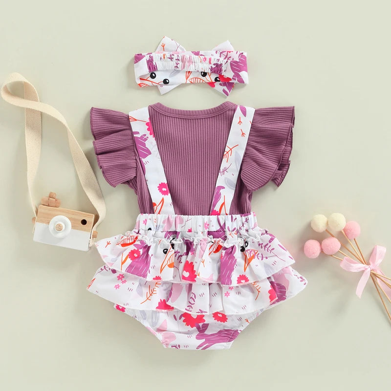 Romper Fly Sleeve Bodysuit with Bow Headband Cartoon Bunny Print Easter Jumpsuit Sweet Holiday Clothing