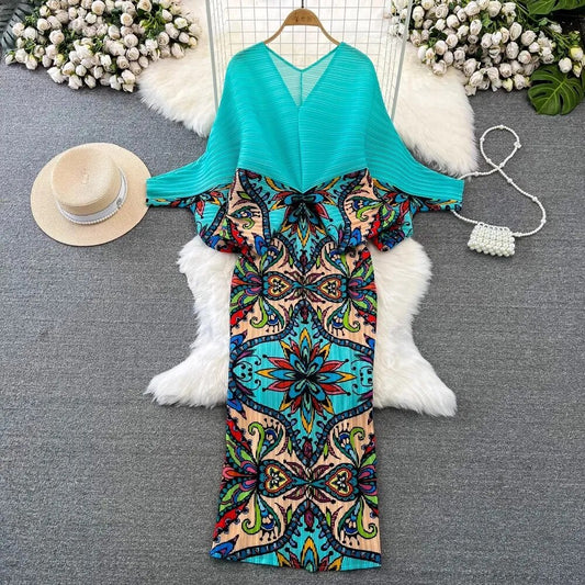 Pleated Spring Summer Women V Neck Batwing Sleeve Printed High Elastic Casual Loose Holiday Dresses