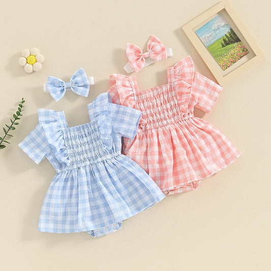Pudcoco Baby Girls 2Pcs Set Square Neck Short Sleeve Frill Trim Plaid Romper Dress 3D Bow Headband Infant Toddler Summer Clothes