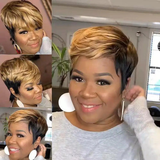 Short Straight Pixie Cut Hair Bob Wig Honey Gold Woman