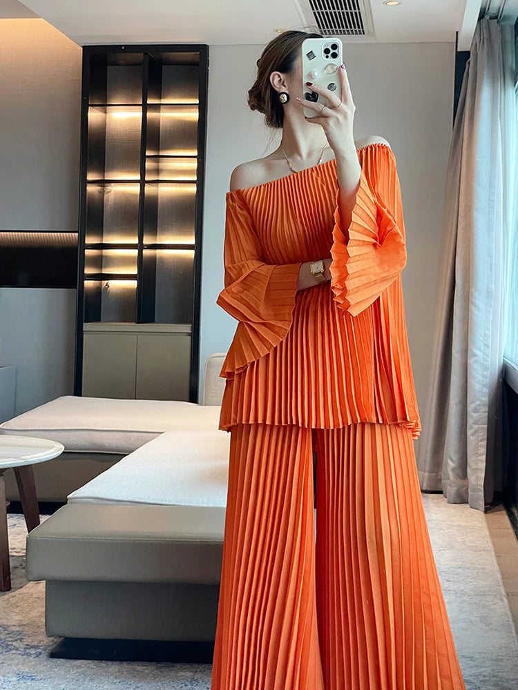 Elegant Pleated Set Women Loose Flare Sleeves Fold Blouse Wide Leg Pants