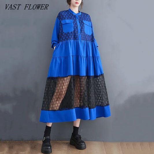 long sleeve oversized mesh vintage dresses for women casual loose spring autumn dress elegant clothing 2023