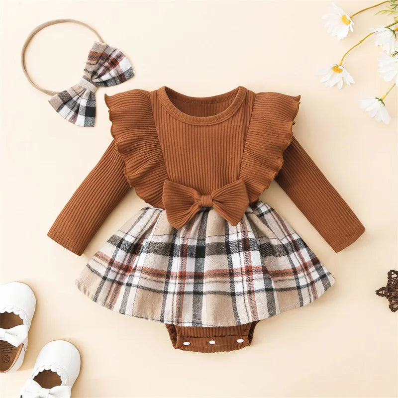 Infant Girl Rompers Dress Plaid Rib Knit Ruffles Long Sleeve Skirt Hem Jumpsuits Newborn Clothes Baby Bodysuits with Headband