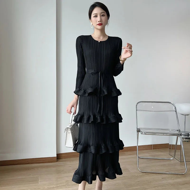 Pleat Dresses Autumn Mid-length Women's Black Dress