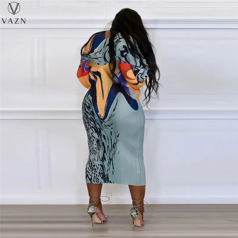 VAZN 2022 Autumn High-end Chiffon Pleated Young Sexy Office Lady Full Sleeve High Waist Long Dress Young Vestidos For Female