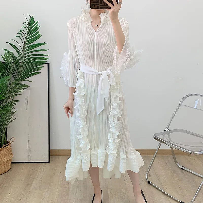 Pleated Fungus Edge Long Dress Summer Fashion Women's Clothing Elegant Medium Long Dress