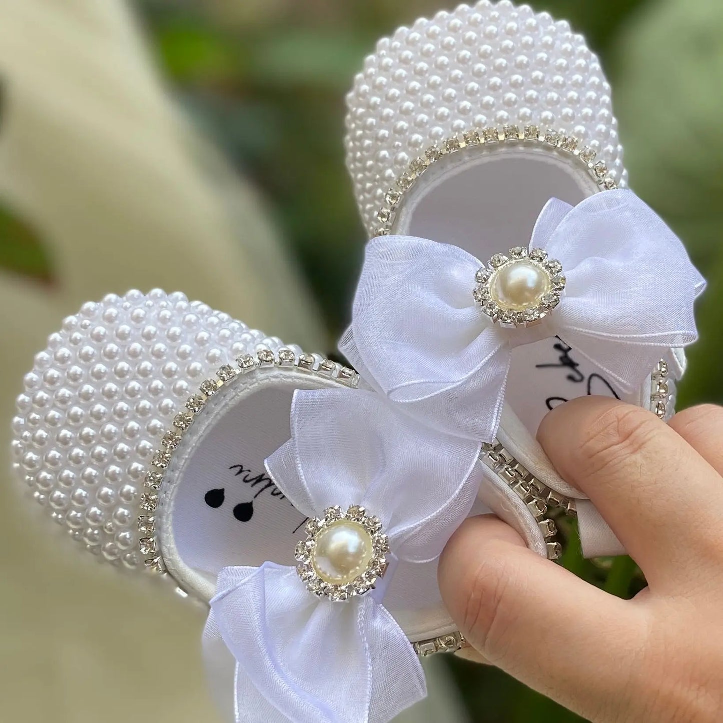 White Pearls Bling Rhinestone Baby Crib Shoes Christening Outfit