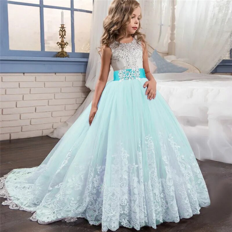 Girls Lace Long Prom Gowns Bridesmaid Kids Dresses