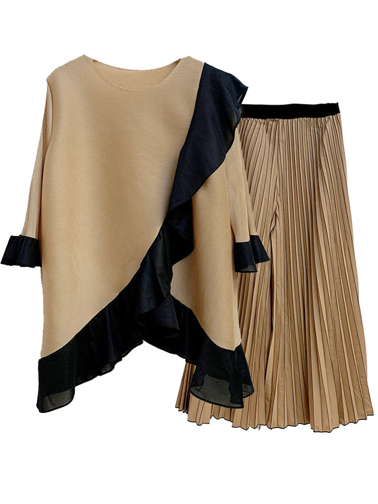 Ruffled Irregular Top+casual Wide Leg Pants Two-piece Pleated Set Loose Elegant Clothing