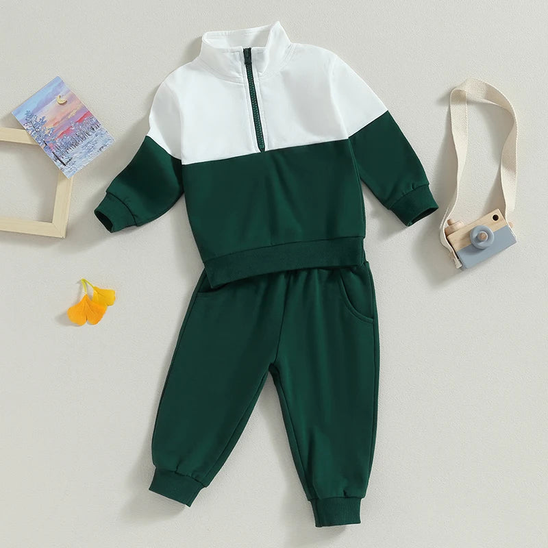 Toddler Girl Boy Fall Clothes Contrast Color Long Sleeve Half Zipper Sweatshirt Tops Elastic Waist Pants 2Pcs Tracksuit Outfit
