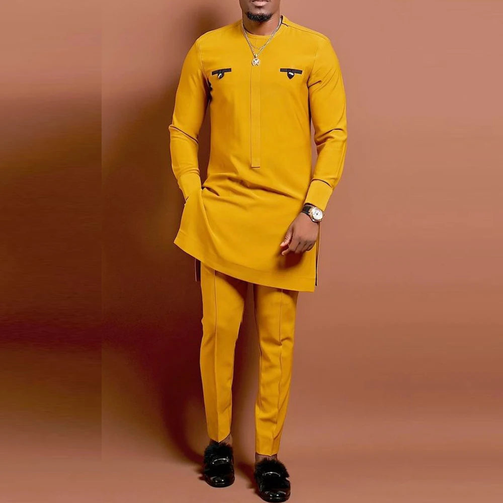 Men's Elegant Long Sleeve Suit Shirt Pants 2-piece Solid Color Party Long Sleeve African Ethnic Style-men suit-Top Super Deals-As Picture 23-M-Free Item Online