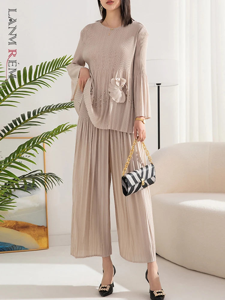 Pleated 2 Pieces Set Women's Spliced Flower Round Neck Long Sleeves Tops High Waist Wide Leg Pants