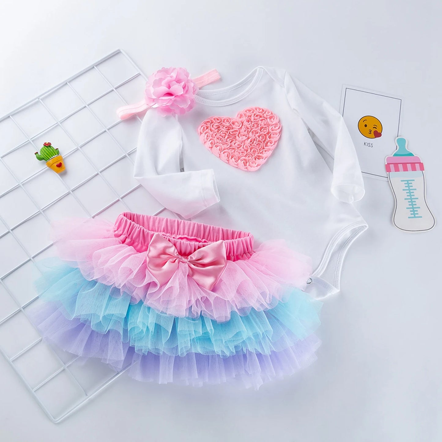 3Pcs Baby Clothes Birthday Outfits 3D Number/Heart O-Neck Long Sleeves Romper + Tutu Skirt + Headband for Girls  0-24 Months