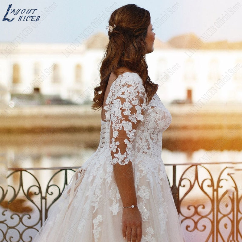 Plus Size Wedding Dresses For Bride Appliques Half Sleeves boho Lace Up Backless Bridal Gowns Beach