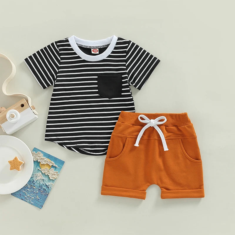 Toddler Baby Boys Summer Clothes Set Short Sleeve Striped T-Shirt Tops Elastic Waist Drawstring Shorts Casual Outfits