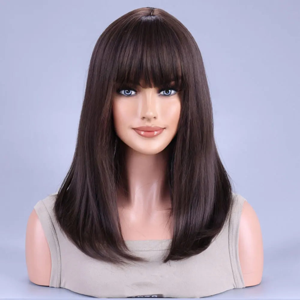 Black Brown Synthetic Wig with Bangs Middle Long Straight Curly Wigs for Women Cosplay Daily Party Heat Resistant Fiber Hair