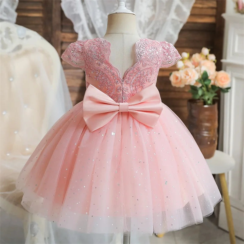 Toddler Girls 1st Birthday Party Dresses Cute Bow Kids Princess Lace Tulle Short Dress Flower Girls Dresses for Wedding 1-5 Year