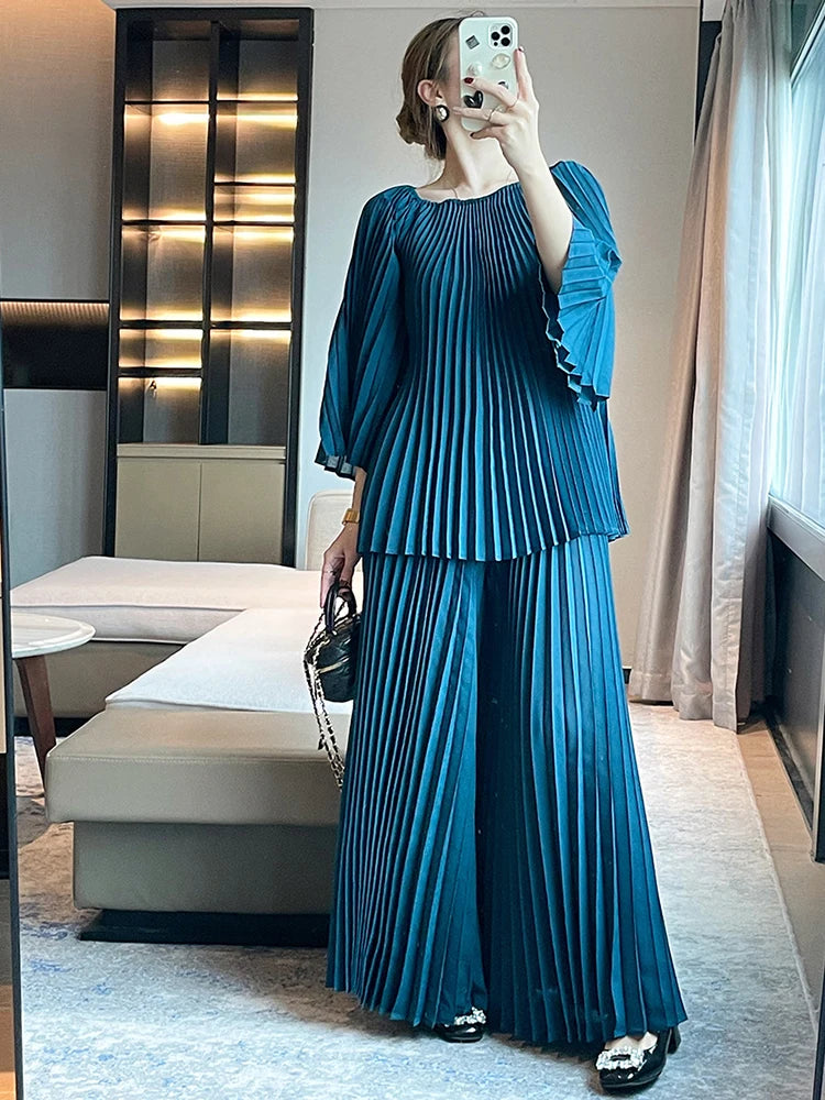 Elegant Pleated Set Women Loose Flare Sleeves Fold Blouse Wide Leg Pants