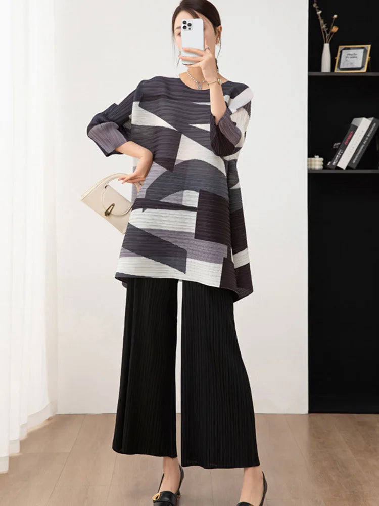 2 Pieces Sets For Women Loose Long Color Block Shirt With Wide Leg Pants Female Fashion Clothing