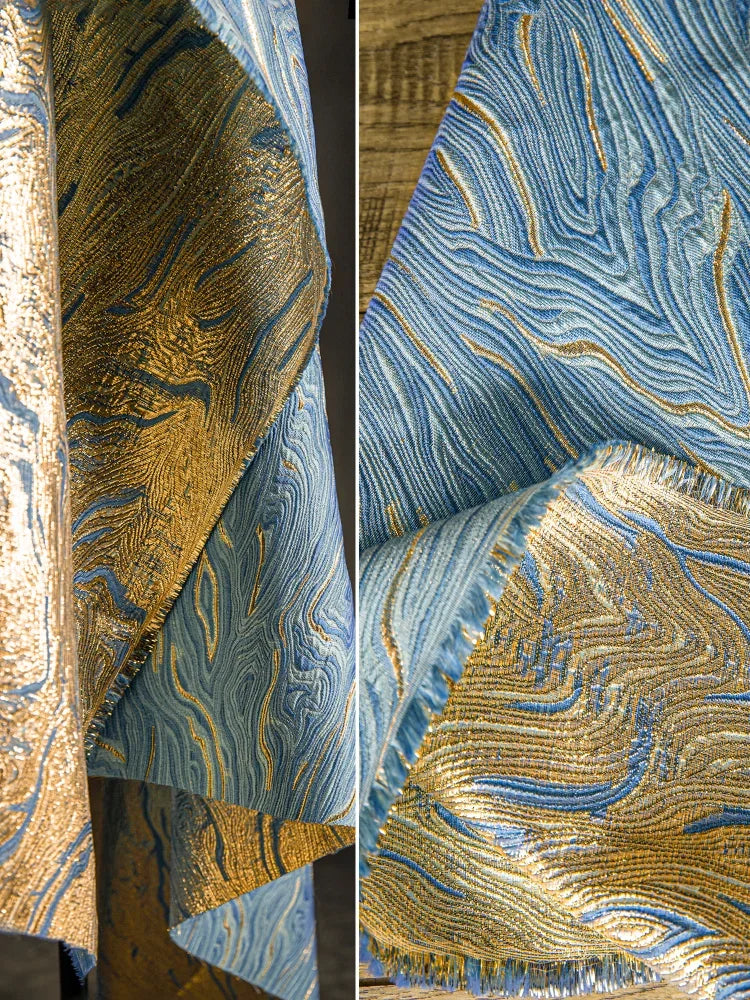 Blue Gold Twill Jacquard Fabric for Dress-fabric-Top Super Deals-Sea Blue-50x142cm-Free Item Online