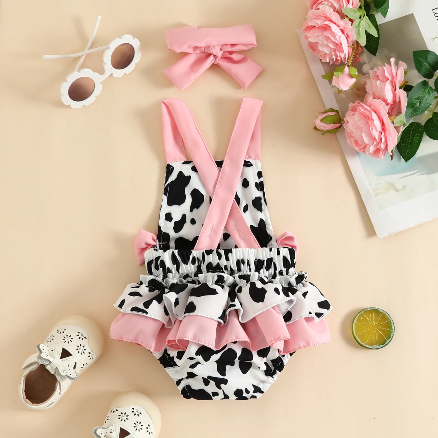 Girls Cow Print Bowknot Sleeveless Onesie