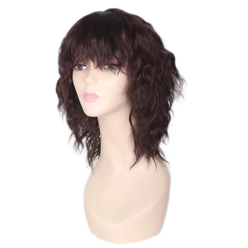 Black Brown Synthetic Wig with Bangs Middle Long Straight Curly Wigs for Women Cosplay Daily Party Heat Resistant Fiber Hair