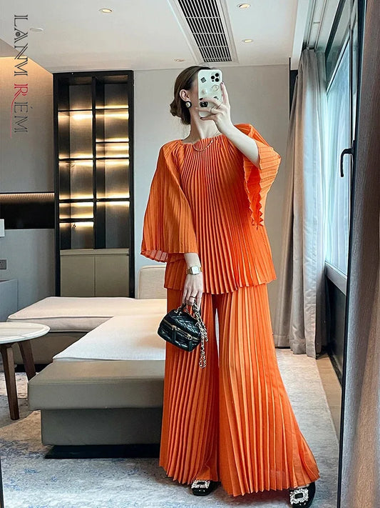 Elegant Pleated Set Women Loose Flare Sleeves Fold Blouse Wide Leg Pants