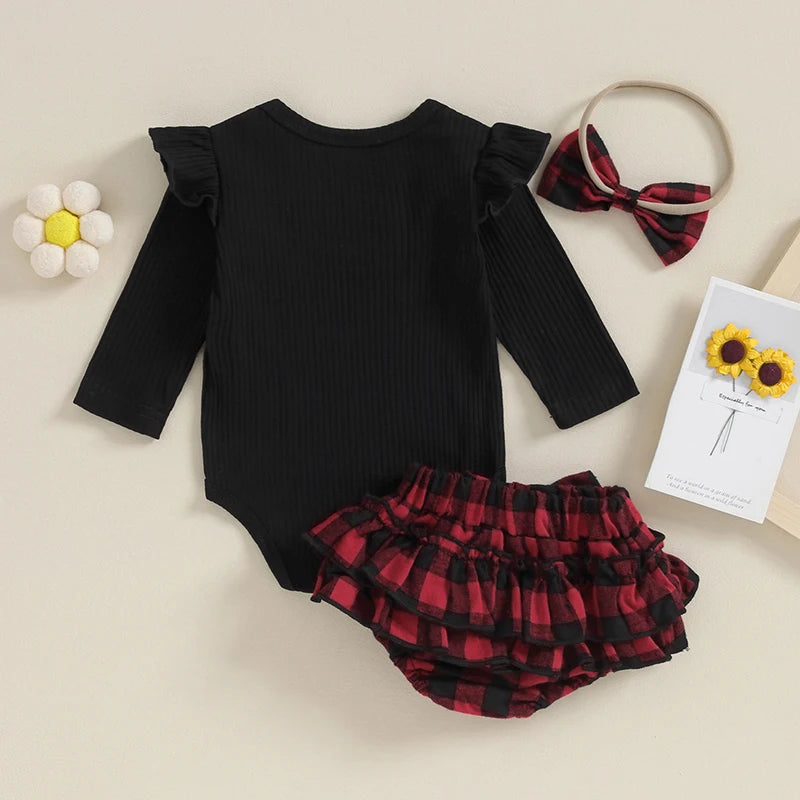 Baby Girl Clothes Christmas Outfits Solid Color Crew Neck Long Sleeve Romper Ruffles Plaid Shorts Headband 3Pcs Xmas Clothes