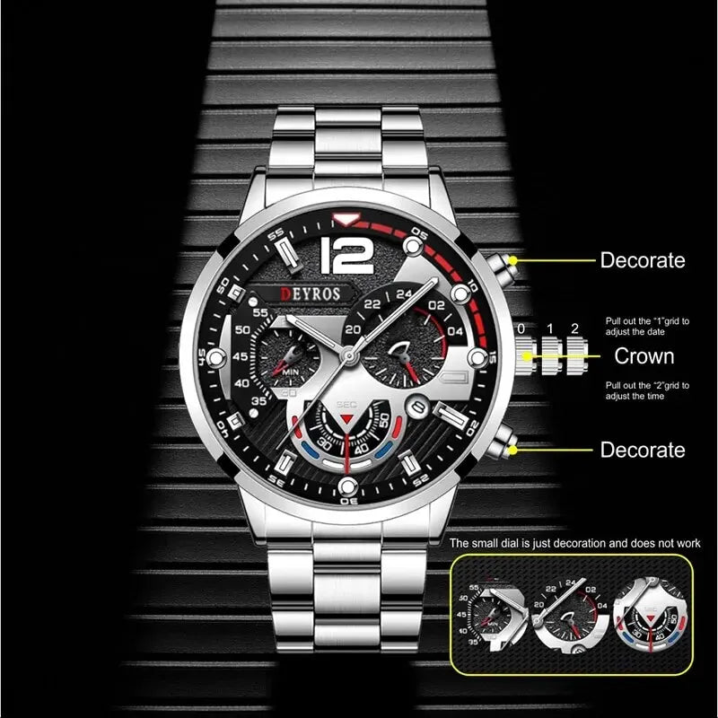 Fashion Mens Watch Stainless Steel Quartz Luminous Business Casual Male Sports Bracelet