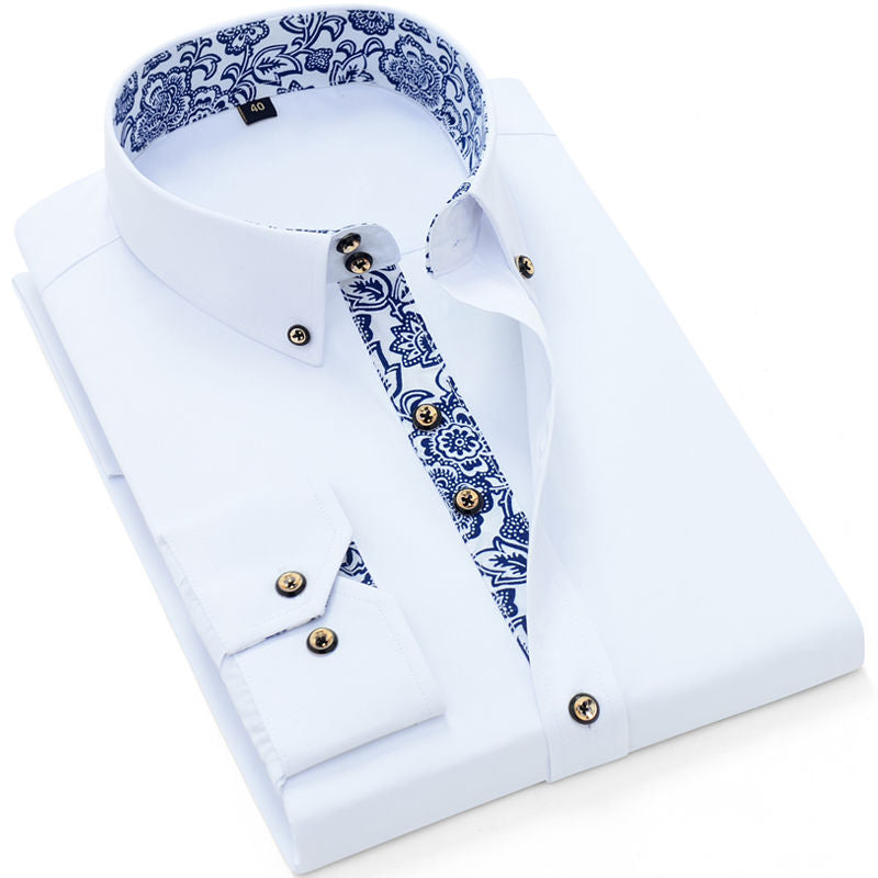 Blue-and-white Porcelain Collar Shirt Men Long Sleeve SlimFit Casual Business Dress Shirts Solid Color White Shirt Cotton