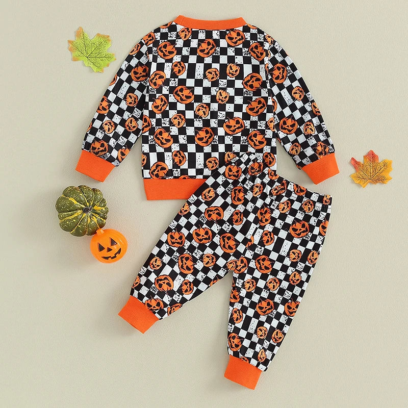 Toddler Baby Boy Clothes Halloween Pumpkin Checkerboard Print Long Sleeve Pullover Elastic Waist Pants 2Pcs Outfit