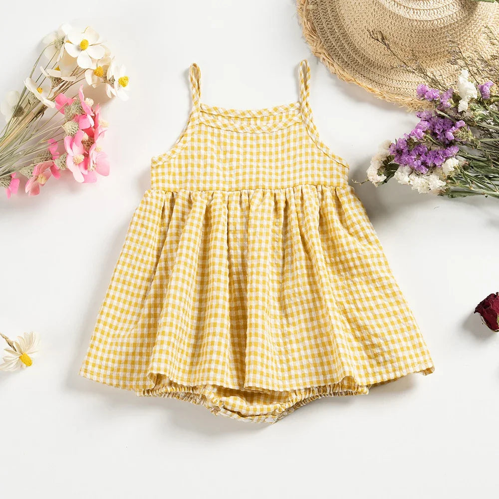 Summer Baby Girls Plaid Rompers 0-24M Newborn Kids Sleeveless Dress-like Bodysuits Infants Onepiece Baby Girl's Onesie