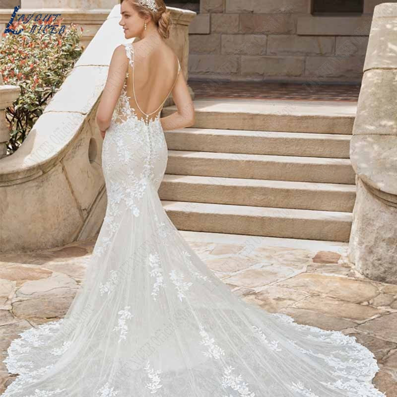 Sleeveless Appliques Wedding Dress With Detachable Tulle Train O-neck Lace