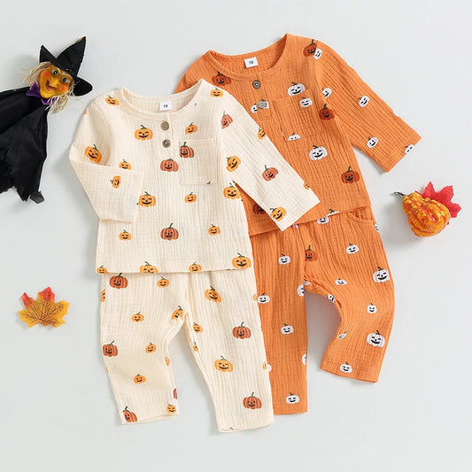 2PCS Toddler Girls Boys Halloween Clothes Cotton Linen Long Sleeve Pumpkin Print Button Tops Drawstring Pants Spring Fall Sets