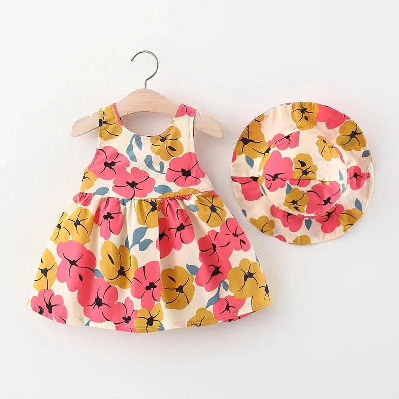 2pcs Summer Baby Girls Beach Princess Dress Cute Bow Flowers Sleeveless Cotton Toddler Dresses+Sunhat Newborn Clothing Set