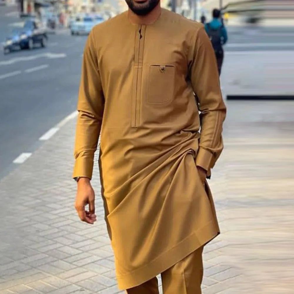 Men's Elegant Long Sleeve Suit Shirt Pants 2-piece Solid Color Party Long Sleeve African Ethnic Style-men suit-Top Super Deals-As Picture 21-M-Free Item Online