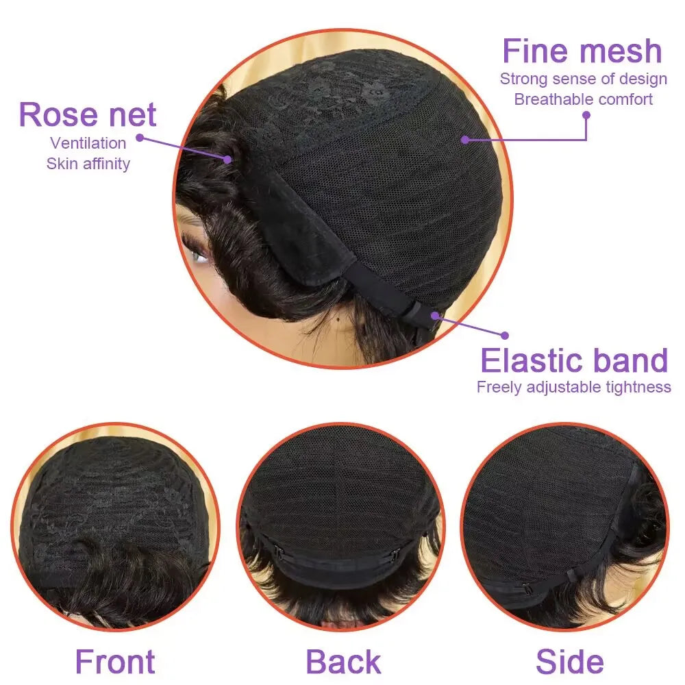 Short Pixie Cut Wig Human Hair For Women Machine Made Wigs With Bangs Colored Wig 180 Density