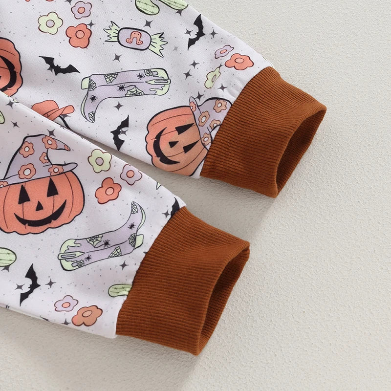 2Pcs Baby Boys Clothes Halloween Set Long Sleeve Crew Neck Letters Print Sweatshirt with Pumpkin Ghost Sweatpants Fall Clothes