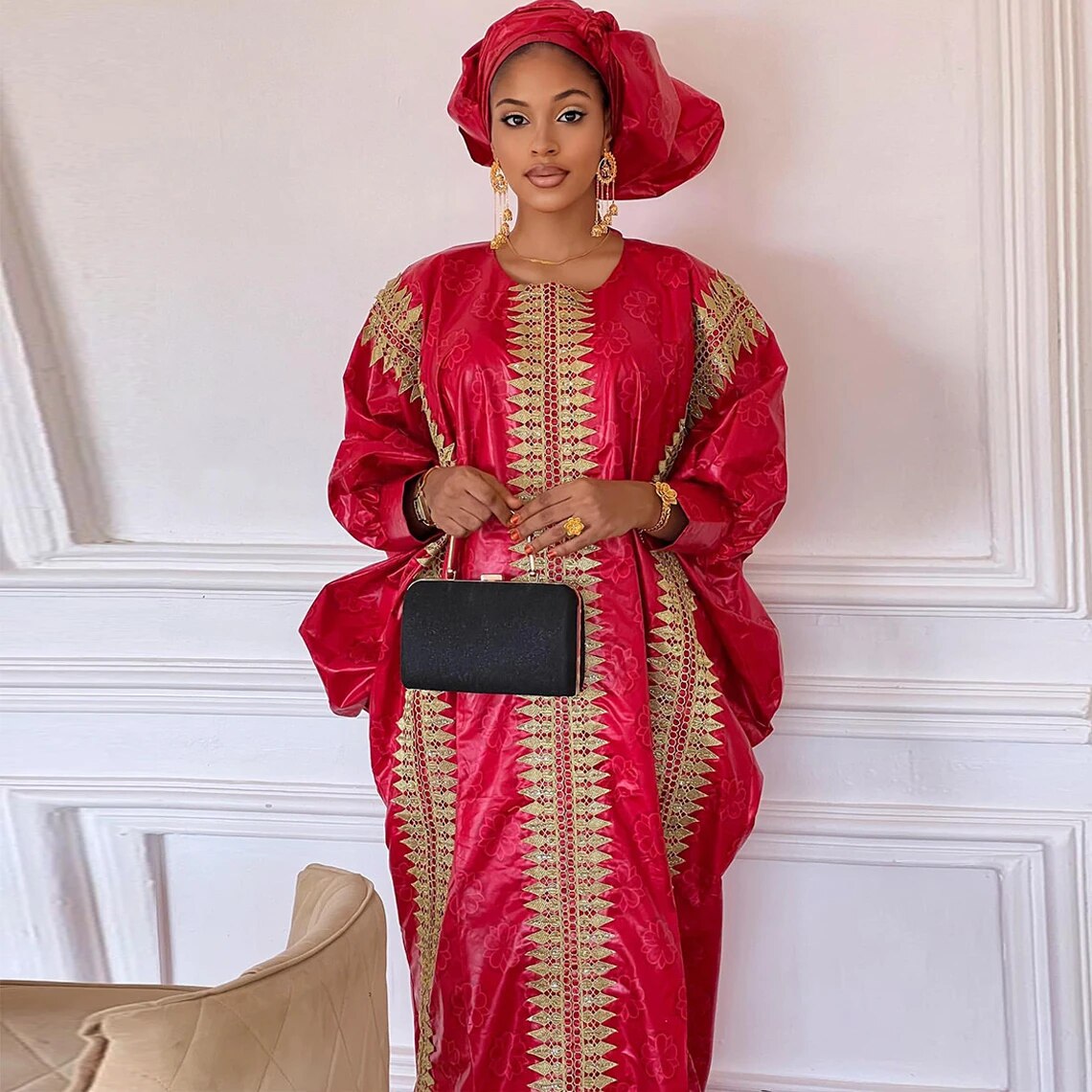 Red Boubou Wedding Dashiki With Gold Embroidery Gown-abaya-Top Super Deals-Free Item Online