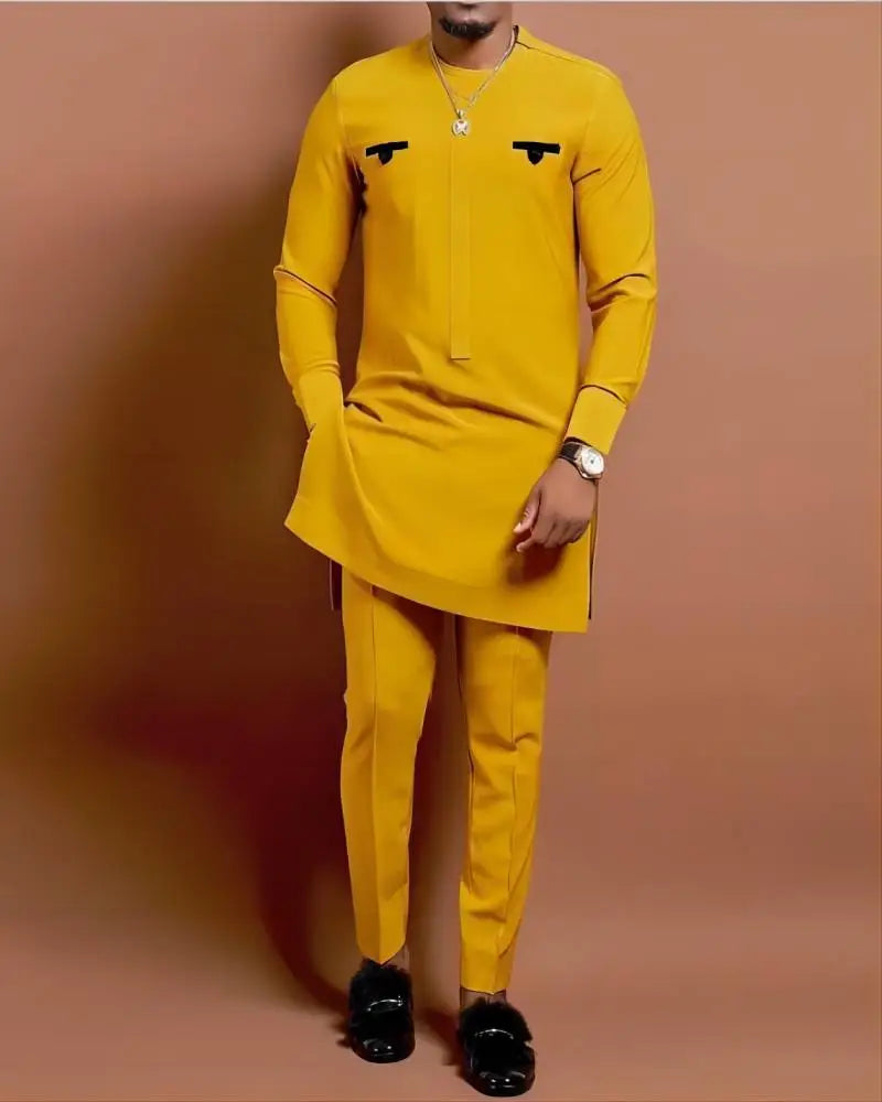 Men's Elegant Long Sleeve Suit Shirt Pants 2-piece Solid Color Party Long Sleeve African Ethnic Style-men suit-Top Super Deals-Free Item Online