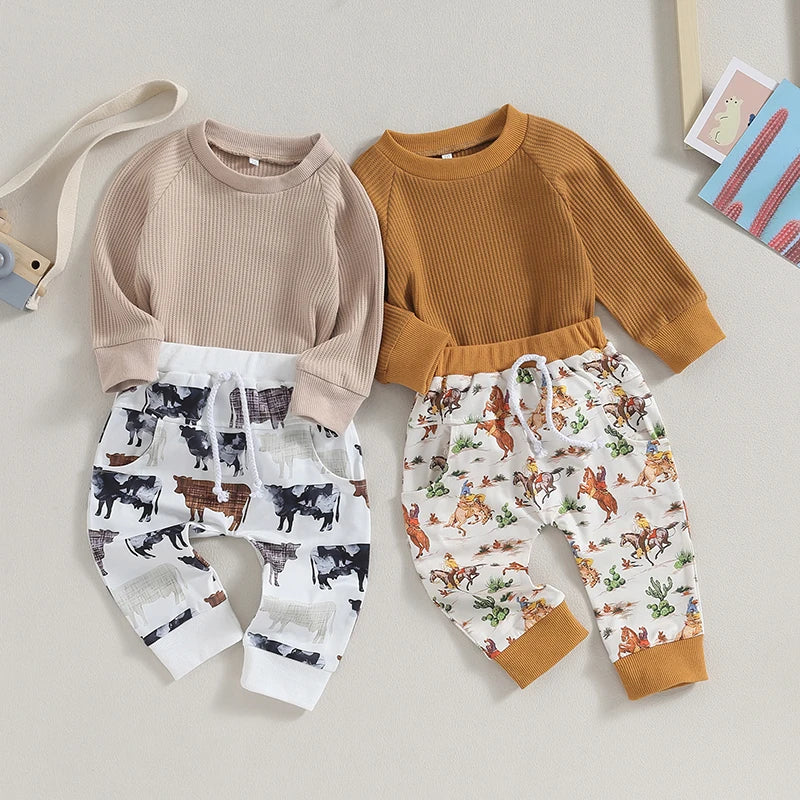 2Pcs Toddler Boy Clothes Autumn Western Clothes Long Sleeve Sweatshirt Cattle Pattern Pants Casual Outfit