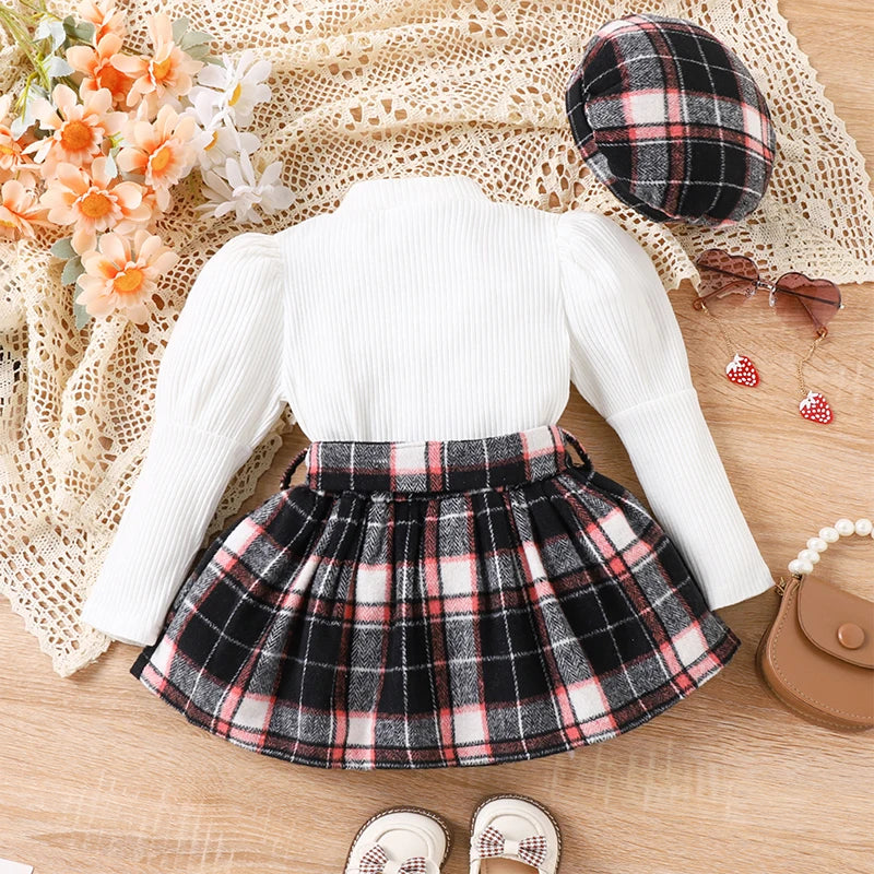 3Pcs Kids Girl Clothes Fall Outfit Solid Color Ribbed Long Puff Sleeve Tops Plaid A-Line Skirt Beret Set Fashion Clothes