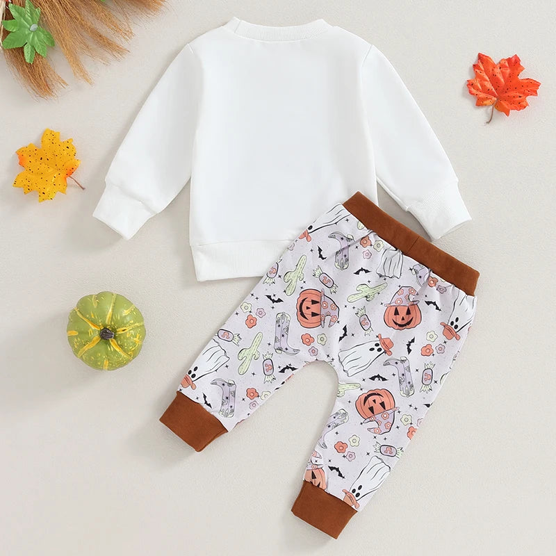 2Pcs Baby Boys Clothes Halloween Set Long Sleeve Crew Neck Letters Print Sweatshirt with Pumpkin Ghost Sweatpants Fall Clothes