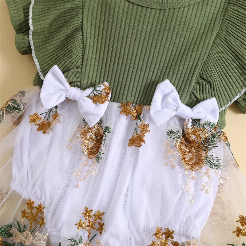 Newborn Baby Girl Romper Dress Flower Embroidery Knit Rib Ruffles Crew Neck Jumpsuit Summer Bodysuit Bow Headband